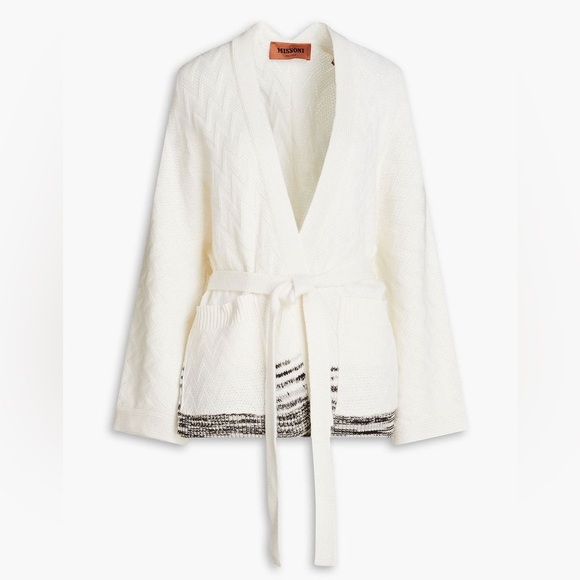 Missoni Cashmere Wrap Sweater Belted Beige Cream Small Crochet-Knit Cardigan - Picture 1 of 9